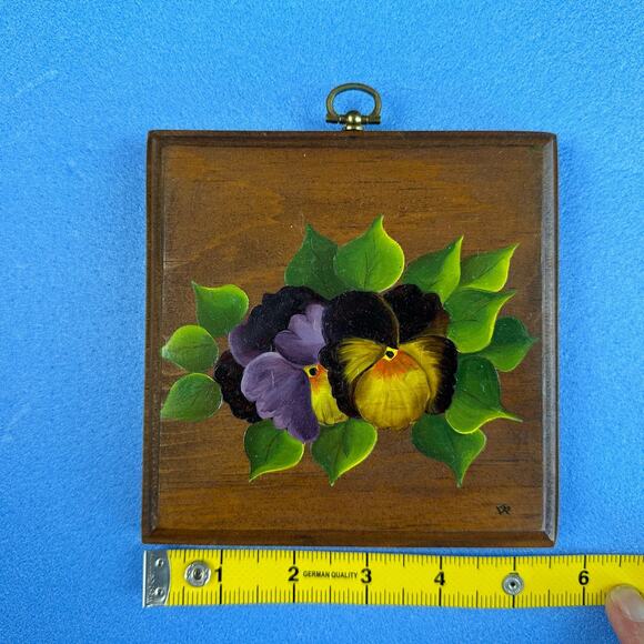 Hand Painted Flowers Pansies on Wood Plaque Ready to Hang Purple Yellow - Picture 5 of 7